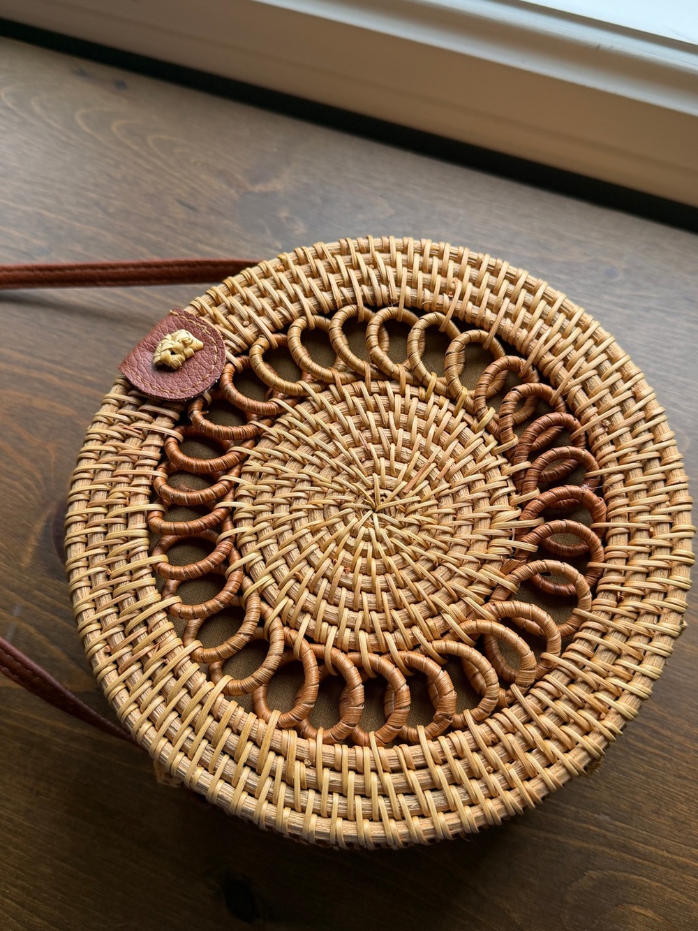 Hand Crafted Round Woven Crossbody Bag - Brown - Picture 2 of 8